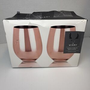 VISKI Copper Stemless Wine Glasses Set Of 2 New In Damaged Box